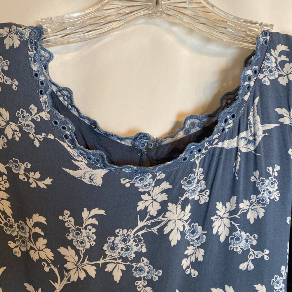 Loft Lace Eyelet Trim Flounce Swing Dress LP Cottagecore Blue White Floral Birds - Picture 6 of 12